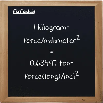 1 kilogram-force/milimeter<sup>2</sup> setara dengan 0.63497 ton-force(long)/inci<sup>2</sup> (1 kgf/mm<sup>2</sup> setara dengan 0.63497 LT f/in<sup>2</sup>)